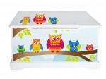 Coffre à jouets en bois motif Hiboux, récipient pour les jouets