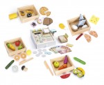 Ensemble de produits alimentaires + Caisse enregistreuse en bois avec calculatrice et lecteur de cartes 