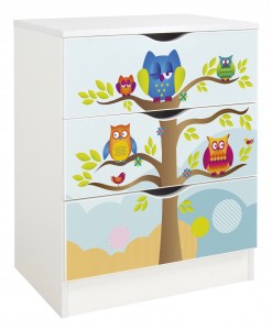 Commode blanche avec les tiroirs Roma /motif Hiboux/