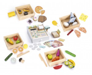 Ensemble de produits alimentaires + Caisse enregistreuse en bois avec calculatrice et lecteur de cartes 