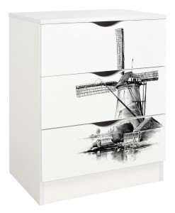 Commode blanche avec les tiroirs ROMA /motif Moulin/ 