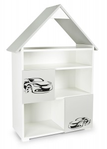 Bibliothèque  PETIT CHALET blanc et gris à 6 compartiments motif Voiture